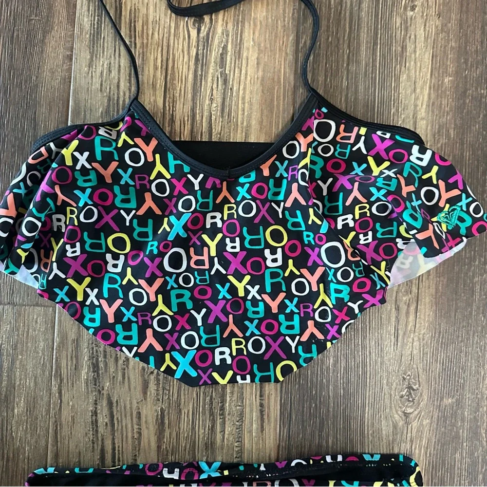 ROXY girl 2-piece bikini size 14 colorful logo flutter top swimsuit beach surf